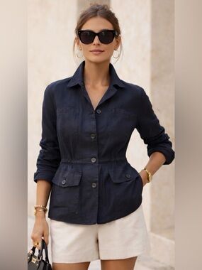 BNWOT EURO LINEN UTILITY JACKET CINCHED WAIST MINIMALIST LUXE 100% LINEN
